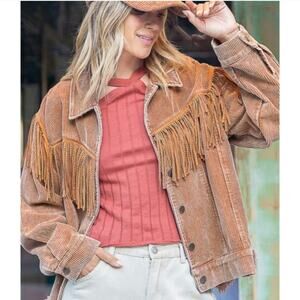 POL stud fringed corduroy western jacket tan
